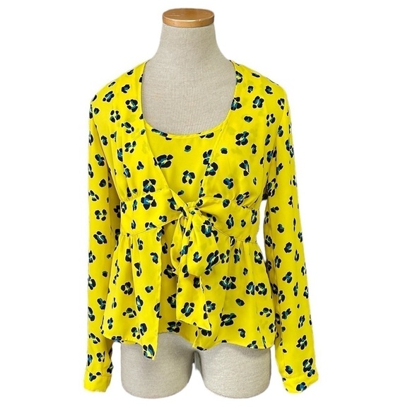 Cabi Blouse Women's XS Extra Small Yellow Leopard Print Sunny Tie Wrap Peplum - Picture 1 of 14